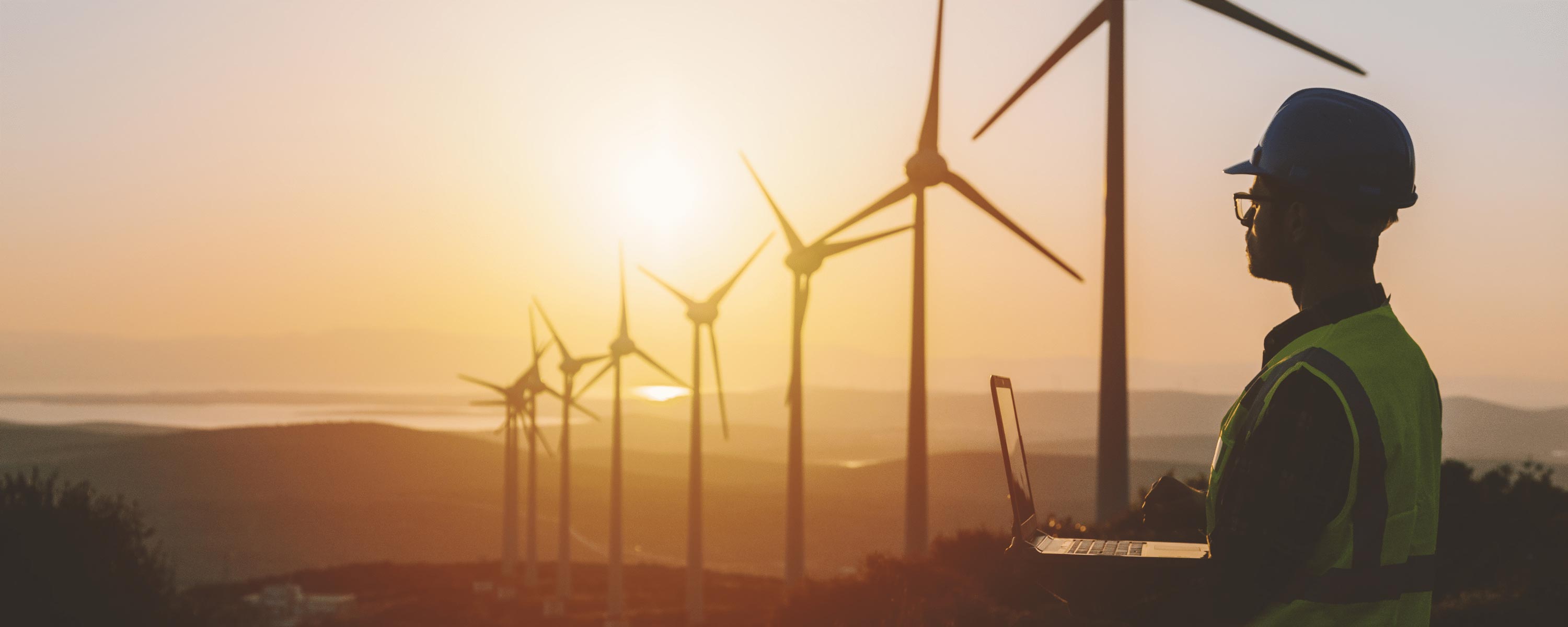 A man in a hard hat and safety vest observes wind turbines, ensuring they meet ISO 14001:2015 environmental compliance standards.